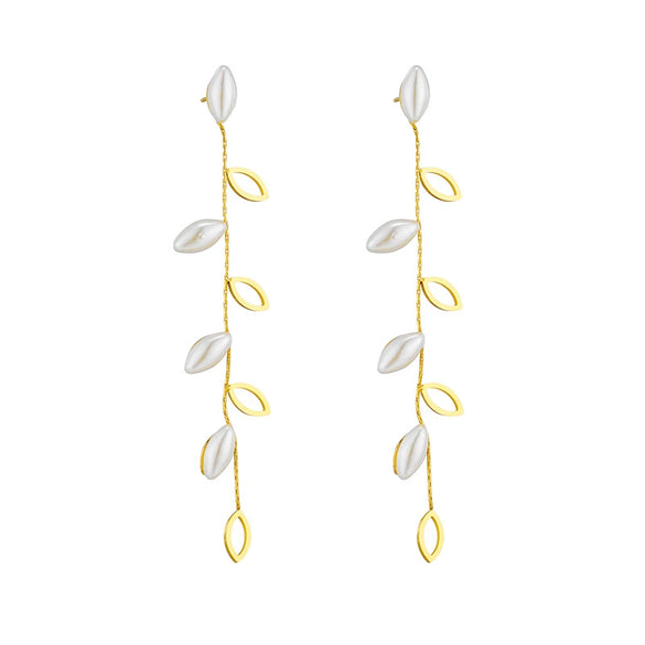 Wholesale Titanium Steel Pearl Hollow Leaf Long Hanging Earrings For Women With Electroplating Design