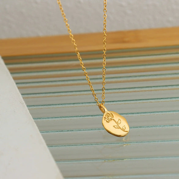 Wholesale 316L Stainless Steel Personality Necklace With Irregular Oval Shape Geometric Pattern And 18K Gold Plated Embossed Rose Design
