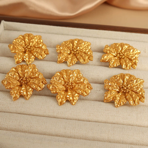 Wholesale 316L Stainless Steel Plated 18K Gold Exaggerated Flower And Leaf Ear Stud Earrings For Women