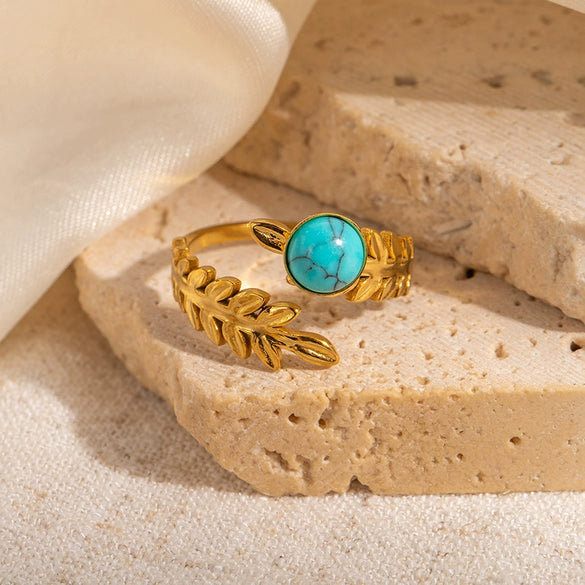 Wholesale Titanium Steel Plated Ring With Golden Leaf And Geometric Pattern Retro Style