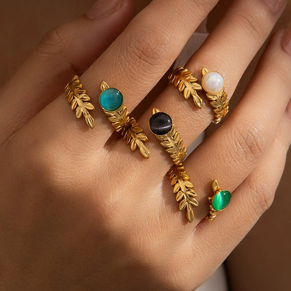 Wholesale Titanium Steel Plated Ring With Golden Leaf And Geometric Pattern Retro Style