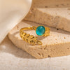 Wholesale Titanium Steel Plated Ring With Golden Leaf And Geometric Pattern Retro Style