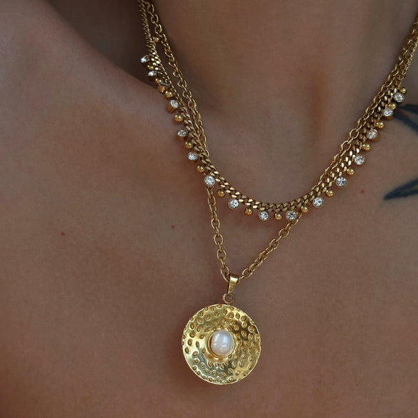 Wholesale Titanium Steel Retro Cuban Chain Necklace With Constellation And Geometric Pattern Electroplated Tassel Zircon