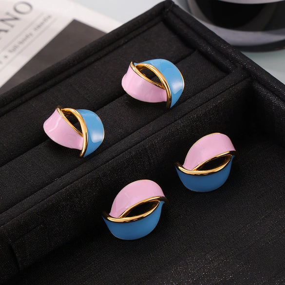 Wholesale 316L Stainless Steel Retro Geometric Double Leaf Earrings With Color Glaze And Electroplating