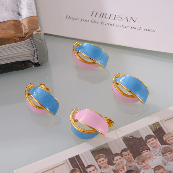 Wholesale 316L Stainless Steel Retro Geometric Double Leaf Earrings With Color Glaze And Electroplating