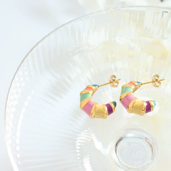 Wholesale 316L Stainless Steel Retro Style Geometric Striped Enamel Oil Drop Electroplated Earrings