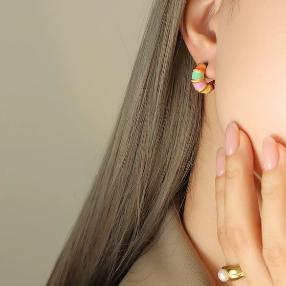 Wholesale 316L Stainless Steel Retro Style Geometric Striped Enamel Oil Drop Electroplated Earrings