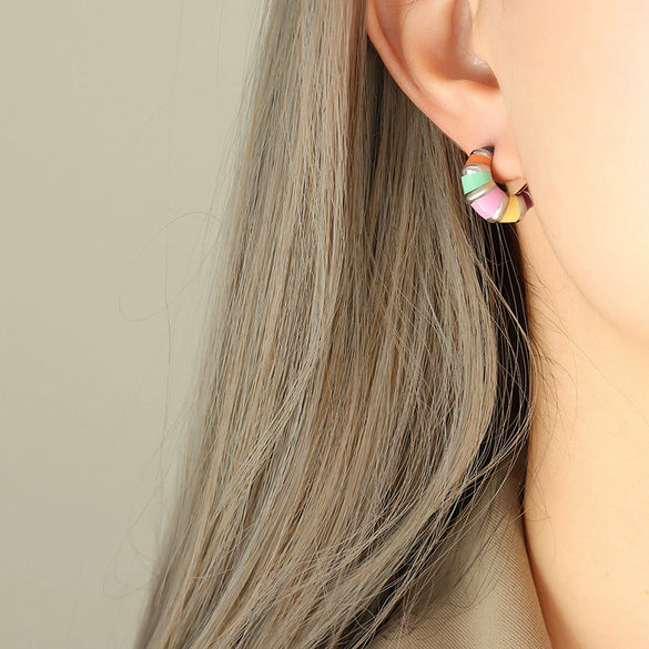 Wholesale 316L Stainless Steel Retro Style Geometric Striped Enamel Oil Drop Electroplated Earrings