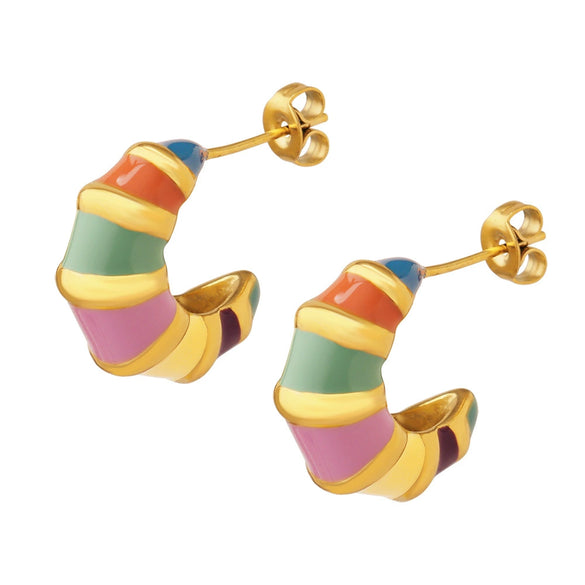 Wholesale 316L Stainless Steel Retro Style Geometric Striped Enamel Oil Drop Electroplated Earrings