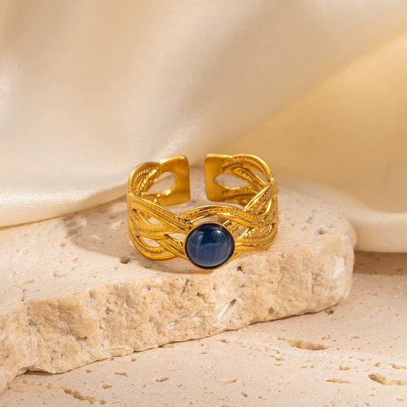 Wholesale Titanium Steel Ring Inlaid With Colorful Natural Stone Geometric U Shape Electroplated Unisex