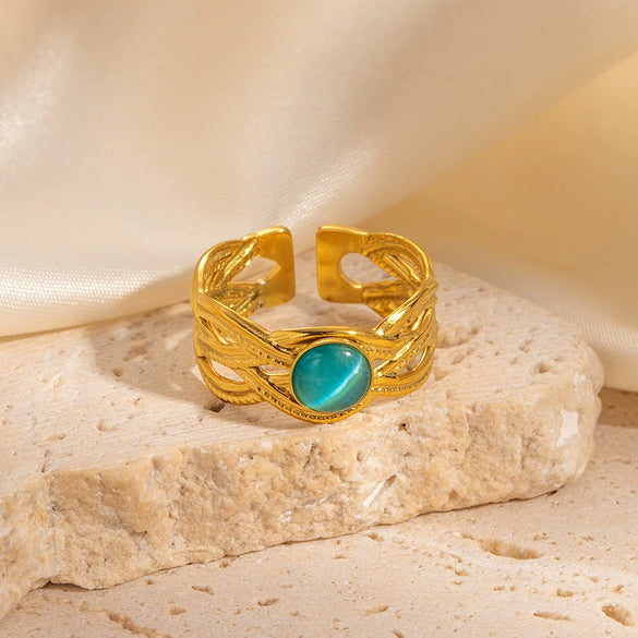 Wholesale Titanium Steel Ring Inlaid With Colorful Natural Stone Geometric U Shape Electroplated Unisex