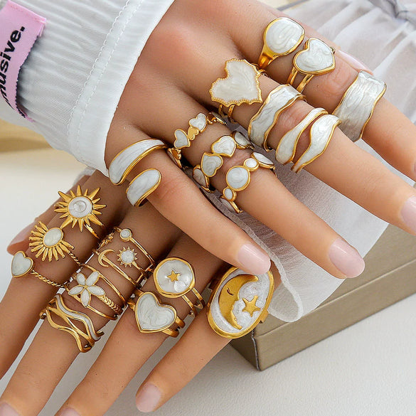 Wholesale Titanium Steel Ring With Black And White Enamel Geometric Design Retro Opening Non Fading Real Gold Plated