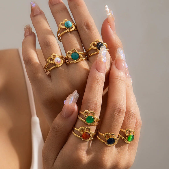 Wholesale Titanium Steel Ring With Multicolor Natural Stone Geometric Shape Niche Style Electroplated