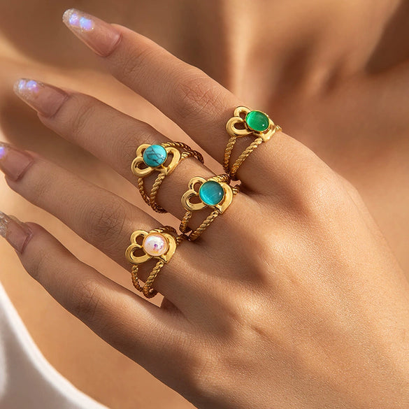 Wholesale Titanium Steel Ring With Multicolor Natural Stone Geometric Shape Niche Style Electroplated