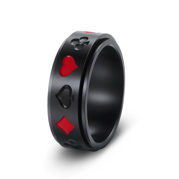 Wholesale Titanium Steel Rotatable Ring With Spades And Red Plum Blossom Square Playing Card Pattern And Electroplating Process