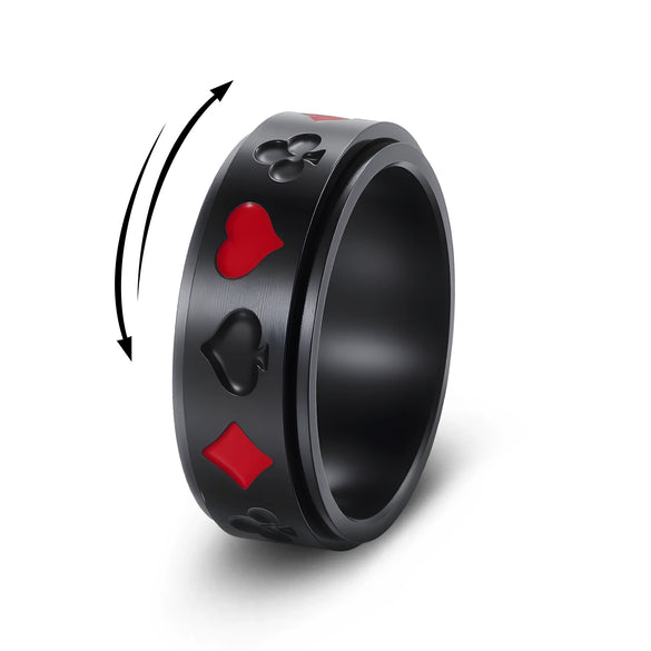 Wholesale Titanium Steel Rotatable Ring With Spades And Red Plum Blossom Square Playing Card Pattern And Electroplating Process