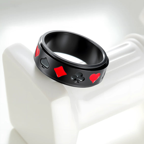 Wholesale Titanium Steel Rotatable Ring With Spades And Red Plum Blossom Square Playing Card Pattern And Electroplating Process