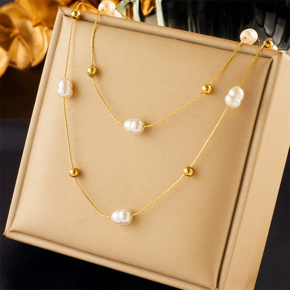 Wholesale Titanium Steel Round Bead Pearl Clavicle Necklace With Electroplating Simple Elegant Retro Style