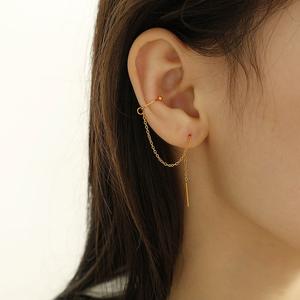 Wholesale 316L Stainless Steel Simple Geometric Ushape Electroplated Women's Twowear Long Tassel Ear Clip Earrings