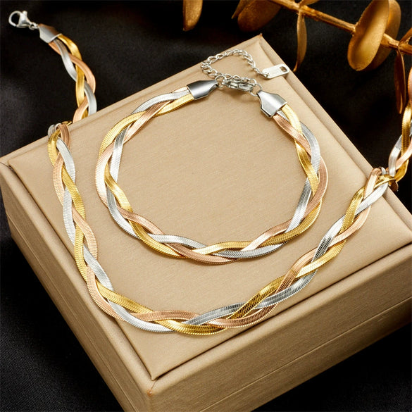 Wholesale Titanium Steel Snake Bone Chain Necklace And Threestrand Braided Bracelet With Geometric Design And Electroplating Treatment For Unisex