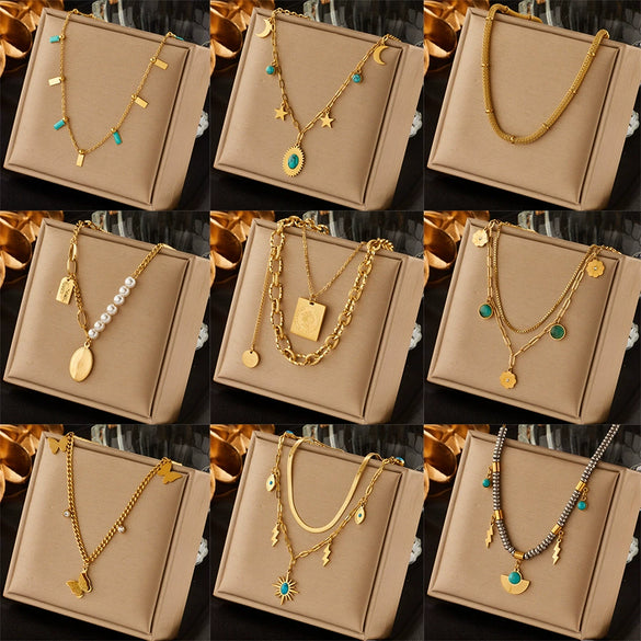 Wholesale Titanium Steel Star Moon Oval Pendant Necklace With Electroplating Fashion Retro Style For Women