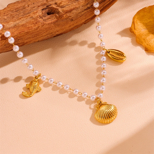 Wholesale Titanium Steel Sweet Style Geometric Starfish Shell Pendant Necklace With Box Chain Electroplating Treatment