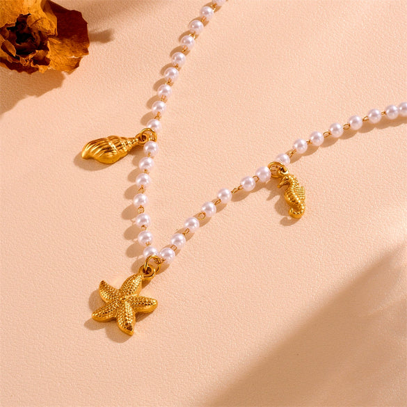 Wholesale Titanium Steel Sweet Style Geometric Starfish Shell Pendant Necklace With Box Chain Electroplating Treatment