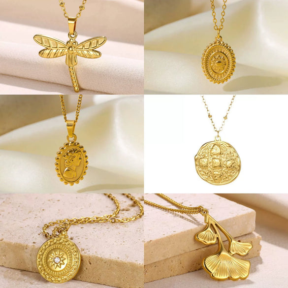 Wholesale Titanium Steel Vintage Geometric Sunshaped Pendant Necklace Electroplated 18K Gold
