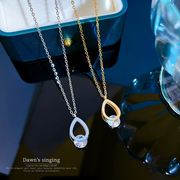 Wholesale Titanium Steel Water Drop Geometric Style Electroplated Zircon Necklace For Female