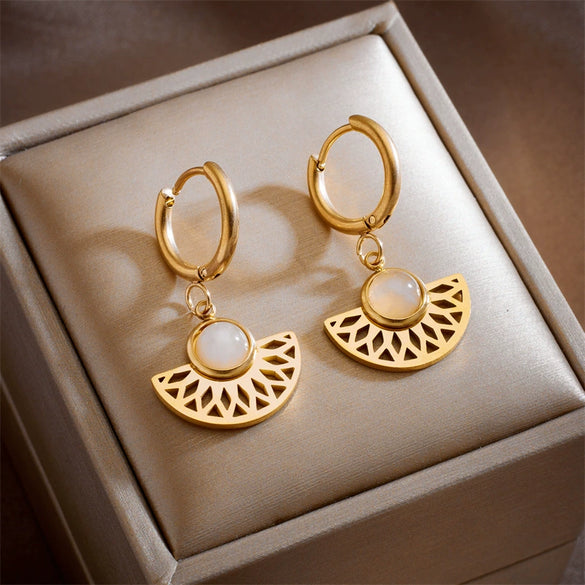 Wholesale Titanium Steel Women's Ancient Style Earrings With Hollow Geometric Fanshaped Natural Stone Pendant And Electroplating Treatment