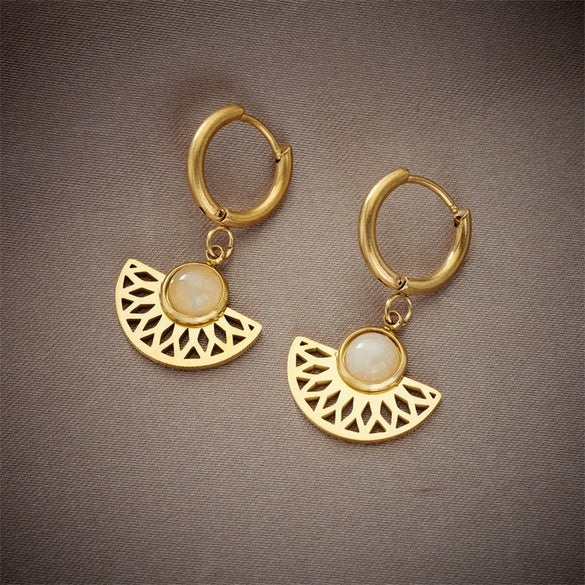 Wholesale Titanium Steel Women's Ancient Style Earrings With Hollow Geometric Fanshaped Natural Stone Pendant And Electroplating Treatment