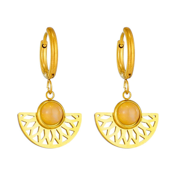 Wholesale Titanium Steel Women's Ancient Style Earrings With Hollow Geometric Fanshaped Natural Stone Pendant And Electroplating Treatment