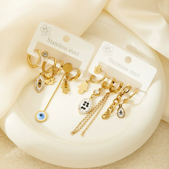 Wholesale Titanium Steel Women's Elegant Geometric Drop Shape Earrings With Demon Eye Palm Design Electroplated