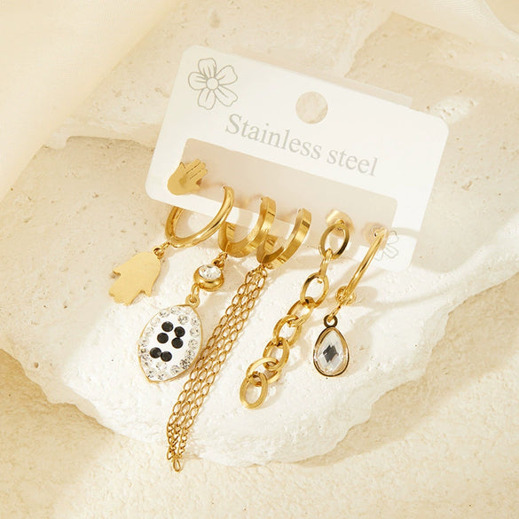 Wholesale Titanium Steel Women's Elegant Geometric Drop Shape Earrings With Demon Eye Palm Design Electroplated