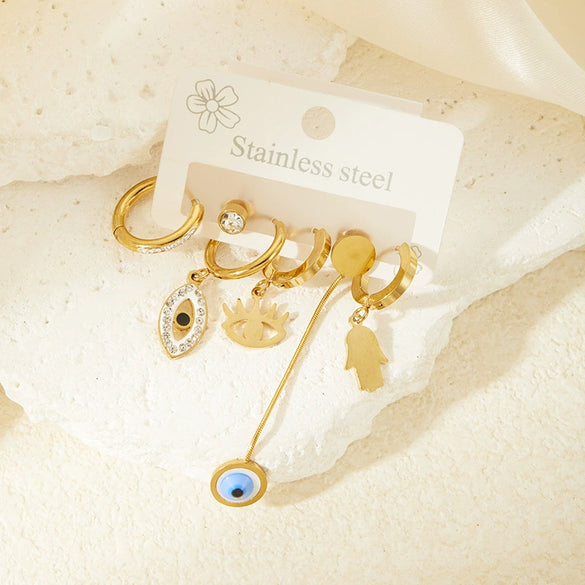 Wholesale Titanium Steel Women's Elegant Geometric Drop Shape Earrings With Demon Eye Palm Design Electroplated