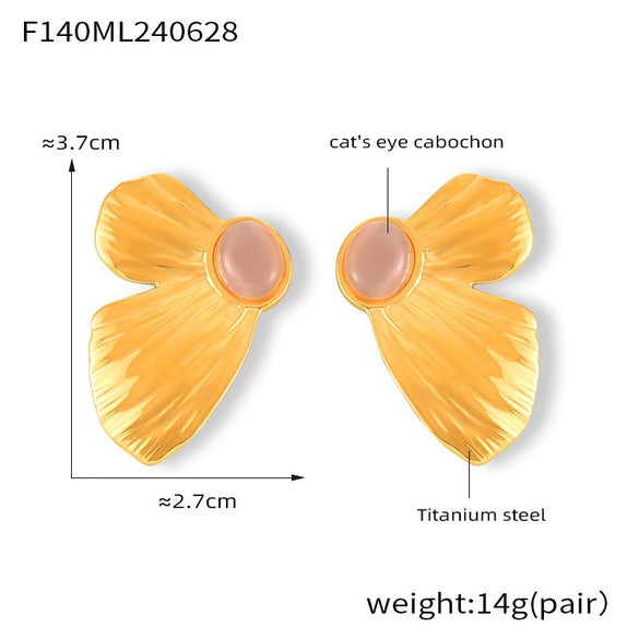 Wholesale 316L Stainless Steel Women's Geometric Butterfly Shape Electroplated Earrings Inlaid With Cat's Eye Stone