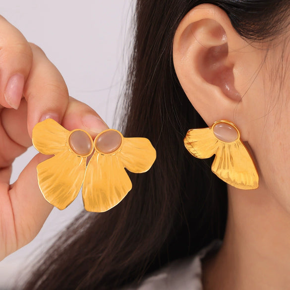 Wholesale 316L Stainless Steel Women's Geometric Butterfly Shape Electroplated Earrings Inlaid With Cat's Eye Stone