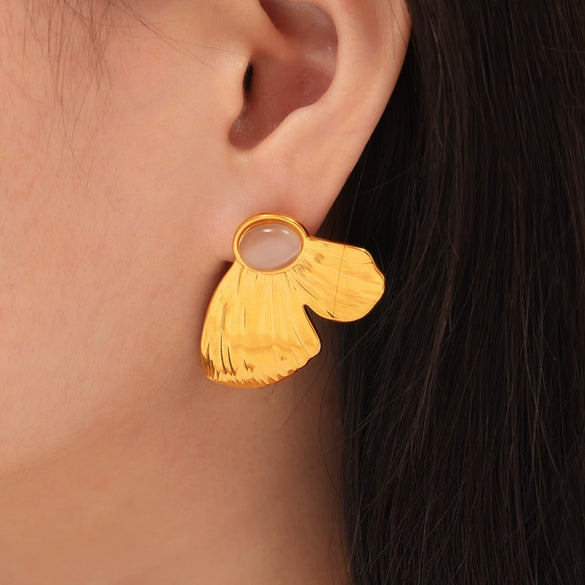 Wholesale 316L Stainless Steel Women's Geometric Butterfly Shape Electroplated Earrings Inlaid With Cat's Eye Stone