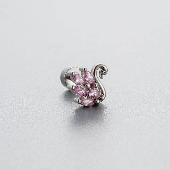 Wholesale Titanium Steel Women's Heart Shape Pink Zircon Butterfly Screw Ear Nail With Fairy Style
