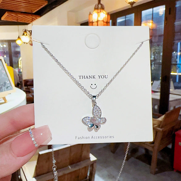 Wholesale Titanium Steel Women's Light Luxury Animals Butterfly Pendant Necklace With Mixed Gem Inlay And Zircon Design