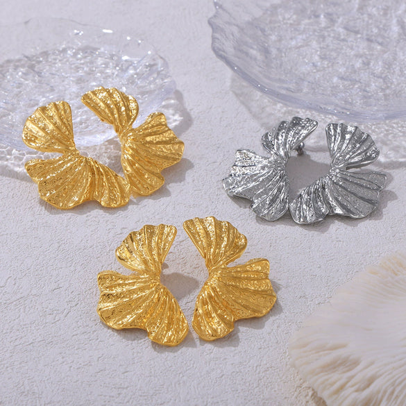 Wholesale 316L Stainless Steel Women's Mori Style Geometric Multilayer Texture Petal Design Electroplated Earrings