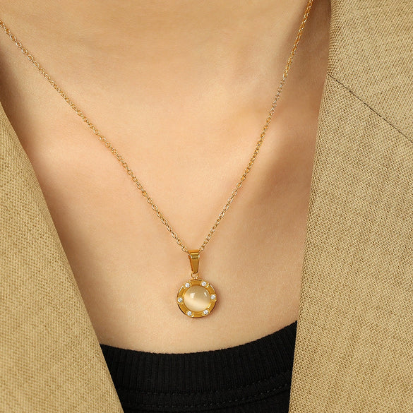 Wholesale 316L Stainless Steel Women's Necklace With Geometric Cat's Eye Pendant And Electroplating Treatment