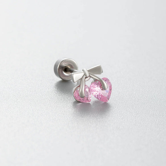 Wholesale Titanium Steel Women's Pink Cherry Shaped Ear Studs Inlaid With Zircon Princess Style