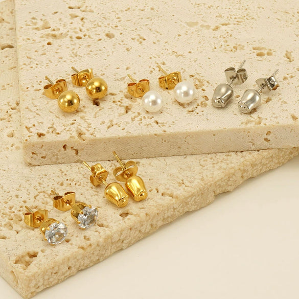 Wholesale 316L Stainless Steel Women's Simple Geometric Design Electroplated Earrings With Steel Beads And Rose Pearl