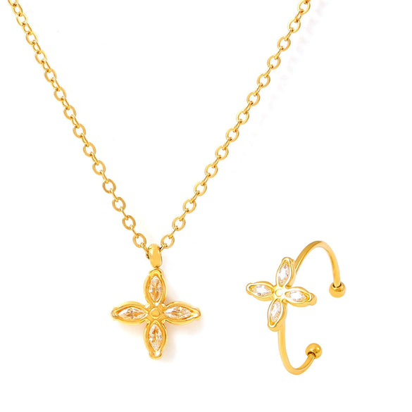 Wholesale 316L Stainless Steel Zircon Fourpetal Flower Pendant Collarbone Necklace For Women 18K Gold Plated