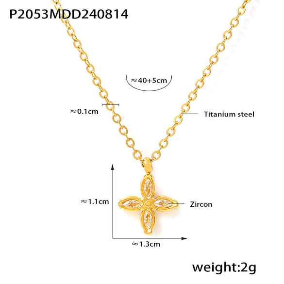 Wholesale 316L Stainless Steel Zircon Fourpetal Flower Pendant Collarbone Necklace For Women 18K Gold Plated