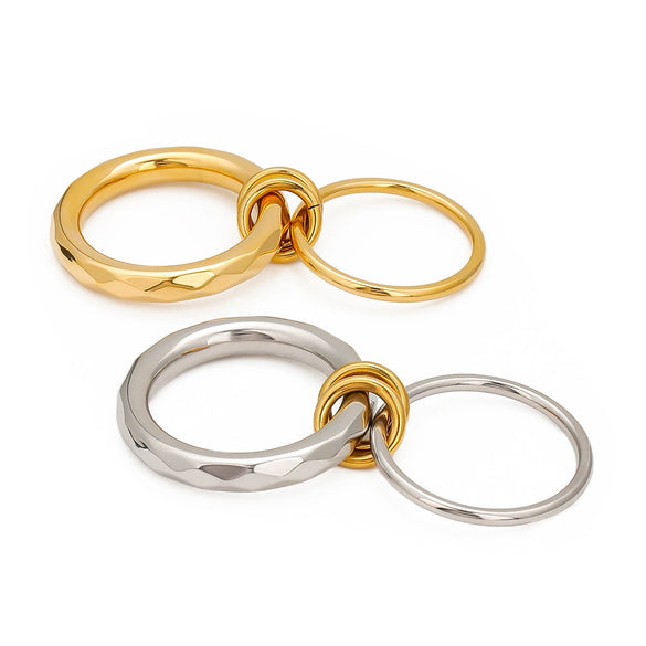 Wholesale Trend Jewelry Stainless Steel Geometric Ring With Gold And Silver Color Matching Double Thread Chain And Electroplating Treatment For Women