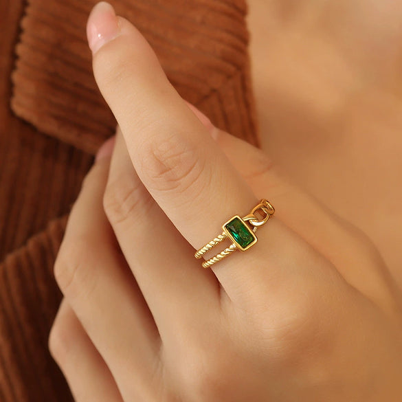 Wholesale Trendy Inlaid Green And White Zircon Open Ring In Ins Style Titanium Steel Geometric Forged And Electroplated Jewelry For Women