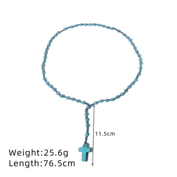 Wholesale Turquoise Beads Stacked Sweater Chain Necklace With Cross Pendant Purely Handmade