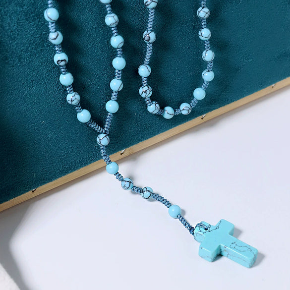 Wholesale Turquoise Beads Stacked Sweater Chain Necklace With Cross Pendant Purely Handmade